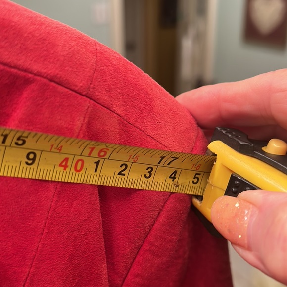 RED SUEDE JEWELED JACKET. Swarovski crystals & Nail heads cascade front & collar - Picture 8 of 8
